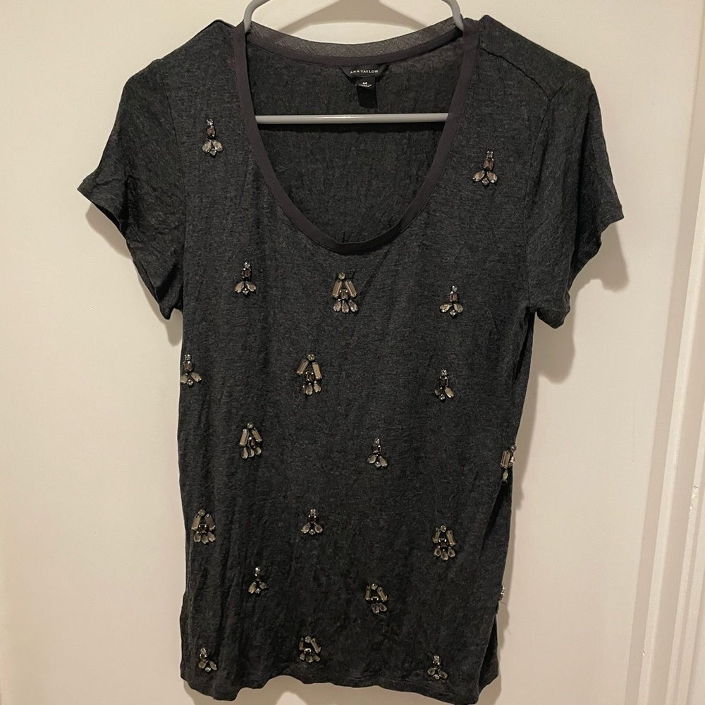 Ann Taylor Grey Short Sleeve Crewneck Bejeweled Tee Shirt Blouse